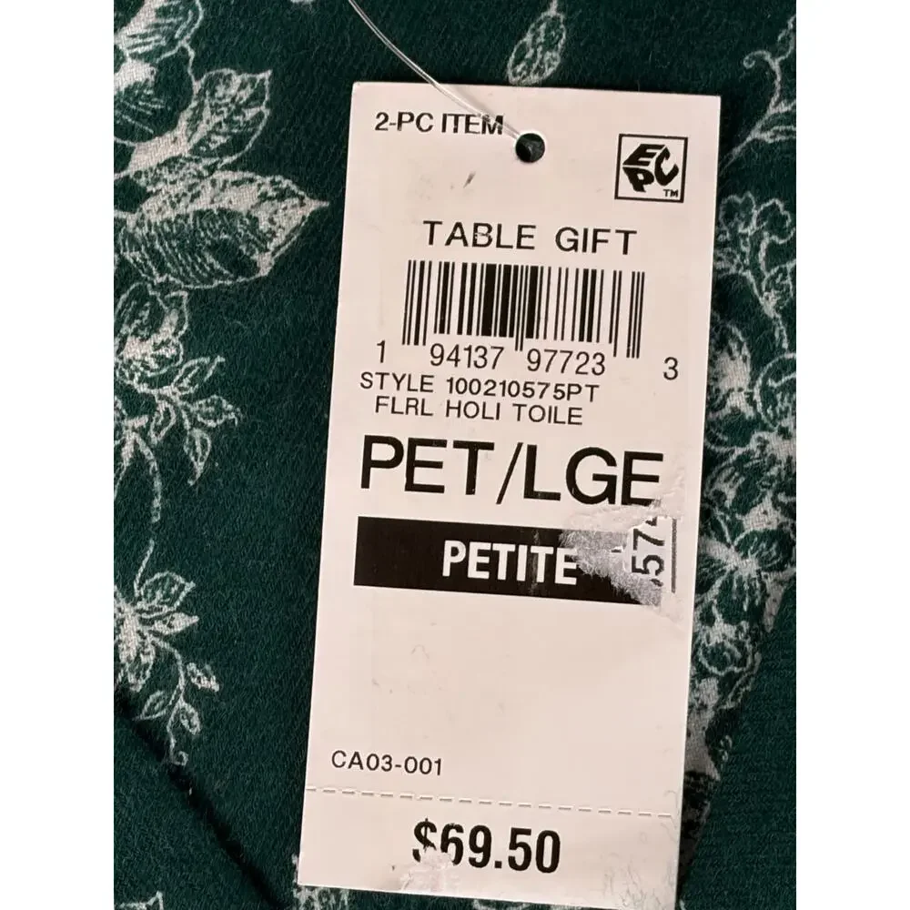 Charter Club Green White Holiday Toile Flannel Pajama Set Petite L NWT 2PC